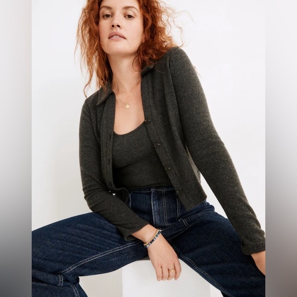 Madewell Gray Polo Sweater Cardigan Crop Ribbed Knit Collared Long Sleeves S - Picture 2 of 7